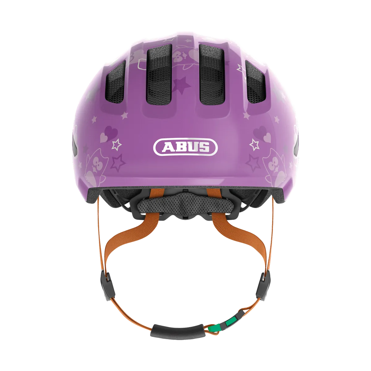 ABUS Smiley 3.0 SE – Barnhjälm med Grönt spänne, Purple Star framifrån
